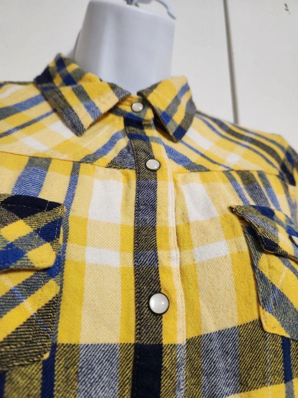 Mossimo Juniors Large Yellow Blue Plaid Flannel Shirt Western Pearl Snap Cowgirl - Picture 4 of 7